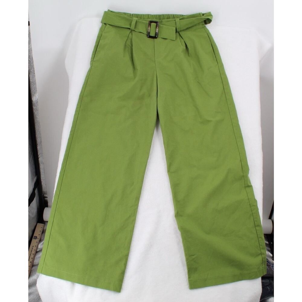 Monteau Pants Women XL Green Wide Leg Pull On Elastic Waist Pleated With Belt